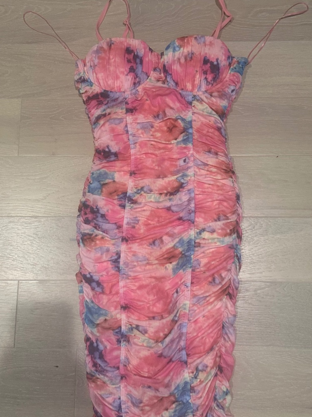 NWT pink watercolor mini ruched dress